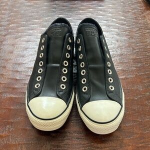 Men's Black Leather Converse Slip Ons Size 9